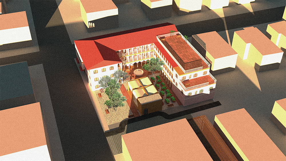 Illustration of a social housing protoptype building from an aerial view