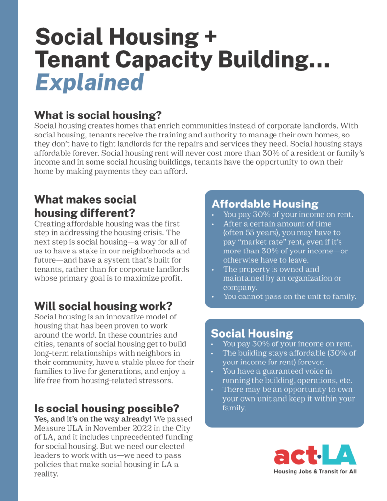 A thumbnail of the ACT Los Angeles flyer. The title of the flyer is "social housing and tenant capacity building, explained"
