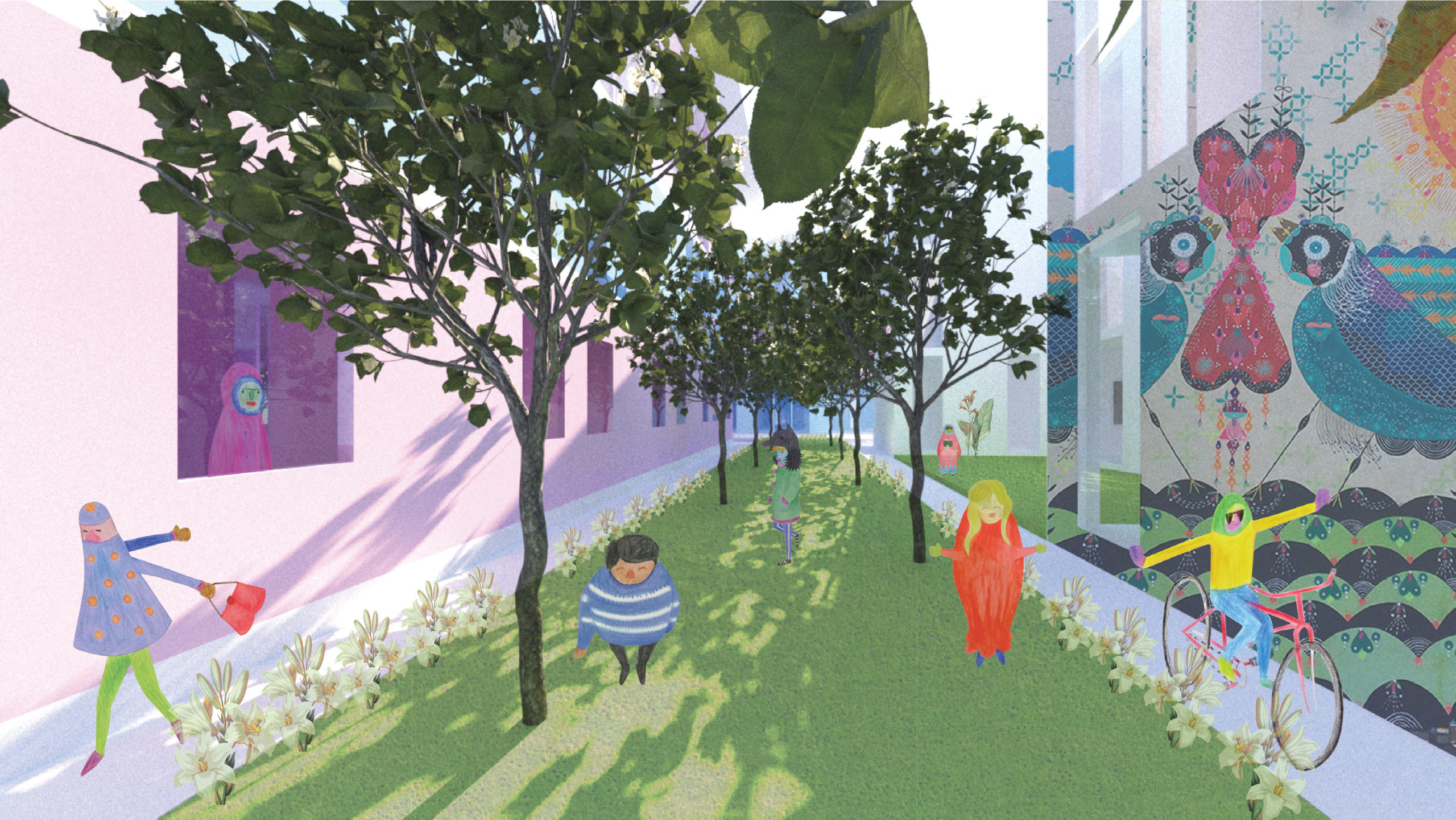 A colorful illustration of people of various shapes walking, bicycling, and enjoying an outdoor space next to housing that's shaded with trees and facing art murals.